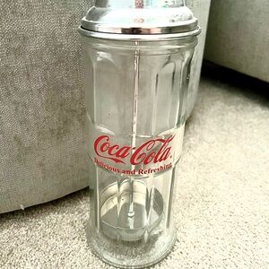 Coca Cola Glass Straw Holder with Silver Top